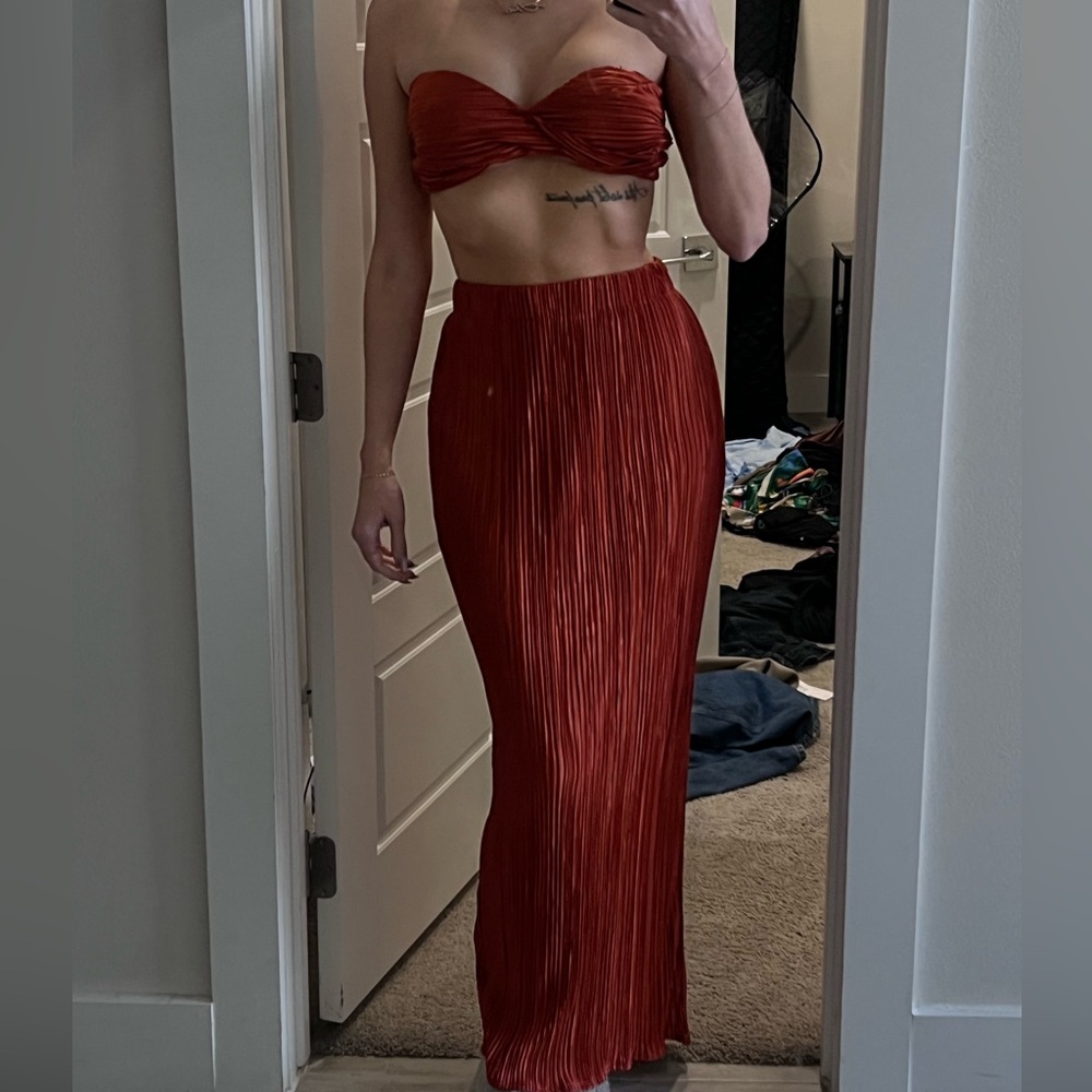 Fashion Nova Rust Red Strapless Two-Piece Pleated Maxi Set